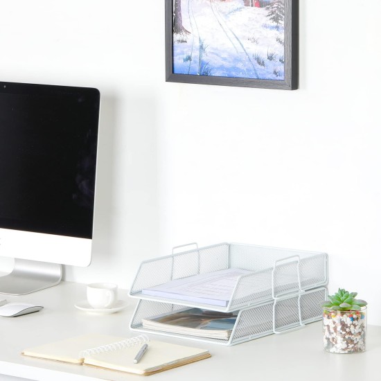 EasyPAG desktop document organizer, double layer, sturdy metal mesh, plenty of space for documents, soft white. Paper document letter organizer.
