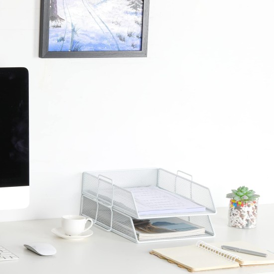 EasyPAG desktop document organizer, double layer, sturdy metal mesh, plenty of space for documents, soft white. Paper document letter organizer.