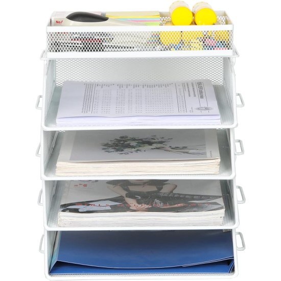 EasyPAG Desktop Stackable File Holder/Magazine Organizer, 4 Tiers with Top Stationery Rack, Sturdy Metal Mesh. For Office and Business.