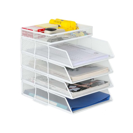 EasyPAG Desktop Stackable File Holder/Magazine Organizer, 4 Tiers with Top Stationery Rack, Sturdy Metal Mesh. For Office and Business.