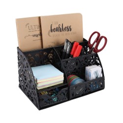 EasyPAG Desk Storage Multi-function Stationery Storage Box, black, metal material, multiple compartments, perfect for storing office supplies.
