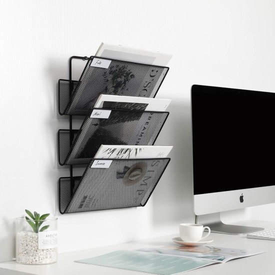 EasyPAG Wall Mounted Magazine Rack, 3 Compartments, File Rack Mail Organizer Magazine Storage Rack for Home Office, Black Finish.