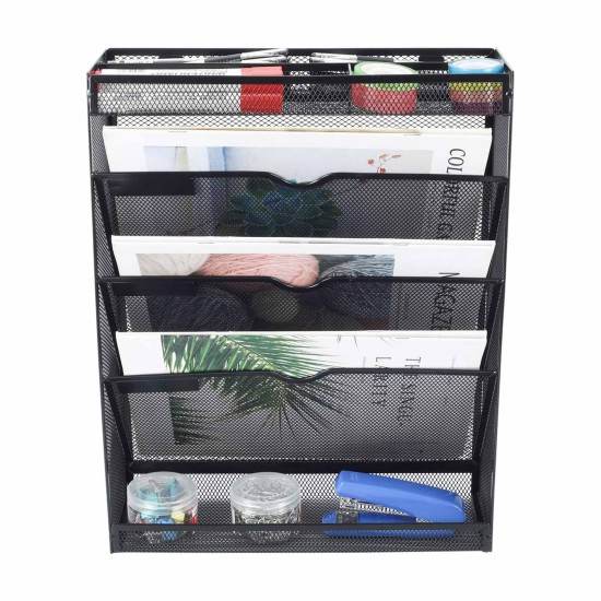 EasyPAG 5-Tier Grid Tray, Wall-Mounted File Rack Magazine Organizer, Stationery Organizer, Black, File Storage Solution.