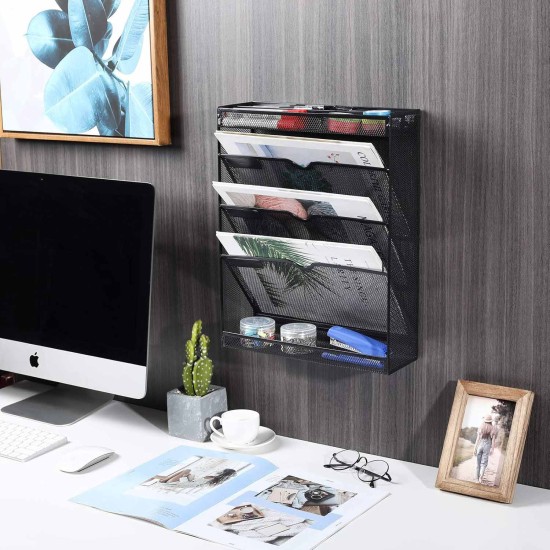 EasyPAG 5-Tier Grid Tray, Wall-Mounted File Rack Magazine Organizer, Stationery Organizer, Black, File Storage Solution.