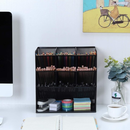 EasyPAG 4-Tier Desktop Storage Pen Holder, Multi-Function Organizer, Black, Metal Mesh, Ideal for Office Supplies.