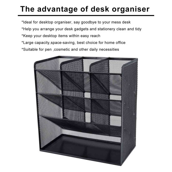 EasyPAG 4-Tier Desktop Storage Pen Holder, Multi-Function Organizer, Black, Metal Mesh, Ideal for Office Supplies.