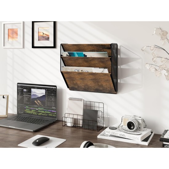 EasyPAG Wall Mounted Organizer, Rustic Brown Wood Finish, Black Metal Frame, 3 Pockets, Perfect for Files, Magazines and Home Office.