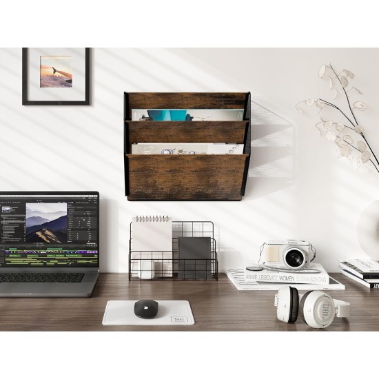 EasyPAG Wall Mounted Organizer, Rustic Brown Wood Finish, Black Metal Frame, 3 Pockets, Perfect for Files, Magazines and Home Office.
