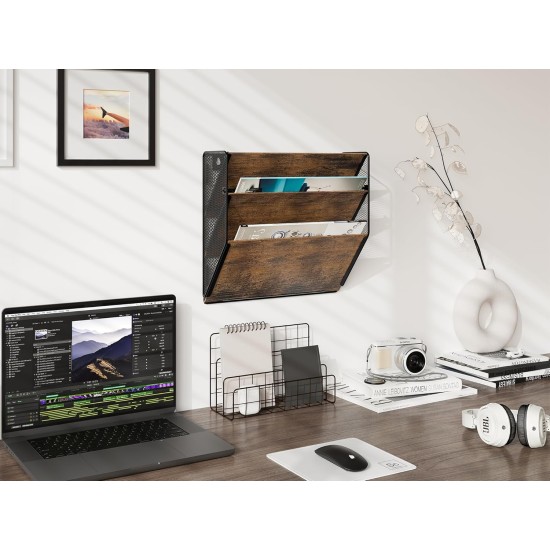 EasyPAG Wall Mounted Organizer, Rustic Brown Wood Finish, Black Metal Frame, 3 Pockets, Perfect for Files, Magazines and Home Office.
