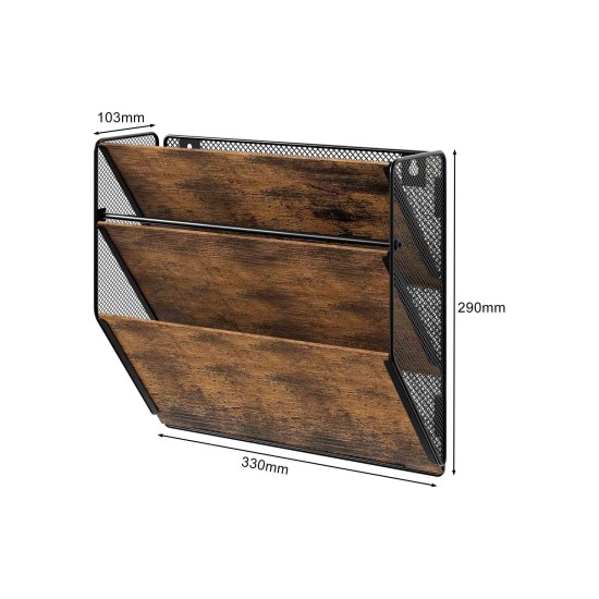 EasyPAG Wall Mounted Organizer, Rustic Brown Wood Finish, Black Metal Frame, 3 Pockets, Perfect for Files, Magazines and Home Office.