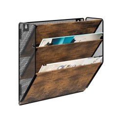 EasyPAG Wall Mounted Organizer, Rustic Brown Wood Finish, Black Metal Frame, 3 Pockets, Perfect for Files, Magazines and Home Office.