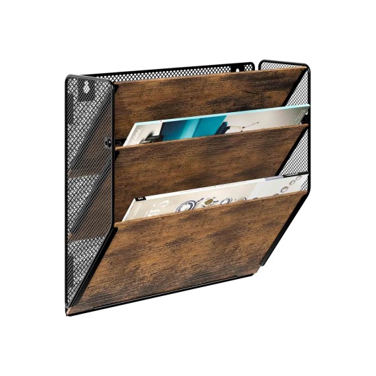 EasyPAG Wall Mounted Organizer, Rustic Brown Wood Finish, Black Metal Frame, 3 Pockets, Perfect for Files, Magazines and Home Office.