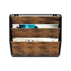 EasyPAG Wall Mounted Organizer, Rustic Brown Wood Finish, Black Metal Frame, 3 Pockets, Perfect for Files, Magazines and Home Office.