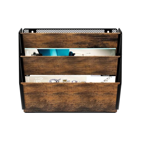 EasyPAG Wall Mounted Organizer, Rustic Brown Wood Finish, Black Metal Frame, 3 Pockets, Perfect for Files, Magazines and Home Office.