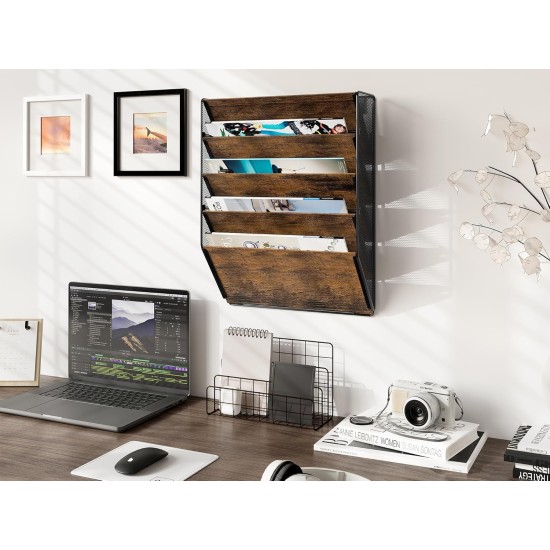 EasyPAG Wall Mounted Organizer, Rustic Brown Wood Finish, Black Metal Frame, 5 Pockets, Perfect for Files, Magazines and Home Office.