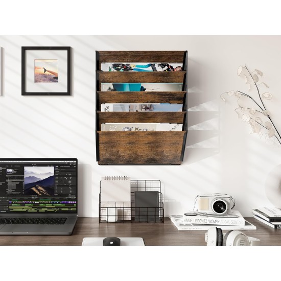 EasyPAG Wall Mounted Organizer, Rustic Brown Wood Finish, Black Metal Frame, 5 Pockets, Perfect for Files, Magazines and Home Office.