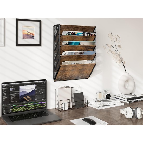 EasyPAG Wall Mounted Organizer, Rustic Brown Wood Finish, Black Metal Frame, 5 Pockets, Perfect for Files, Magazines and Home Office.