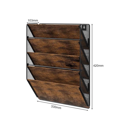 EasyPAG Wall Mounted Organizer, Rustic Brown Wood Finish, Black Metal Frame, 5 Pockets, Perfect for Files, Magazines and Home Office.