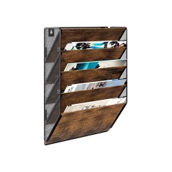 EasyPAG Wall Mounted Organizer, Rustic Brown Wood Finish, Black Metal Frame, 5 Pockets, Perfect for Files, Magazines and Home Office.