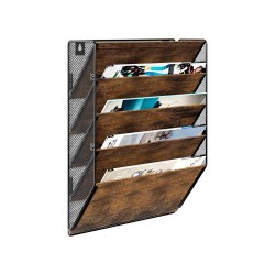 EasyPAG Wall Mounted Organizer, Rustic Brown Wood Finish, Black Metal Frame, 5 Pockets, Perfect for Files, Magazines and Home Office.