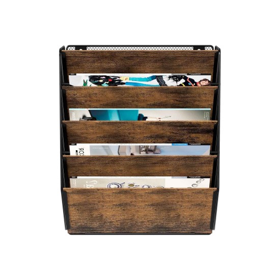 EasyPAG Wall Mounted Organizer, Rustic Brown Wood Finish, Black Metal Frame, 5 Pockets, Perfect for Files, Magazines and Home Office.