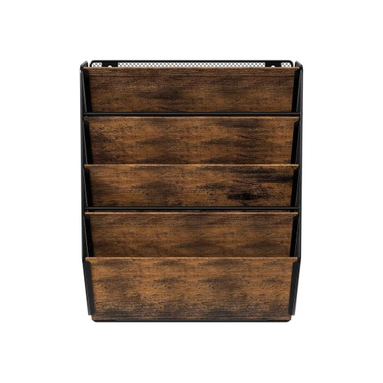 EasyPAG Wall Mounted Organizer, Rustic Brown Wood Finish, Black Metal Frame, 5 Pockets, Perfect for Files, Magazines and Home Office.