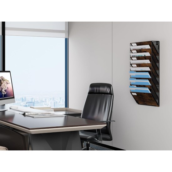 EasyPAG Wall Mounted Organizer, Rustic Brown Wood Finish, Black Metal Frame, 8 Pockets, Perfect for Files, Magazines and Home Office.