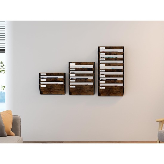 EasyPAG Wall Mounted Organizer, Rustic Brown Wood Finish, Black Metal Frame, 8 Pockets, Perfect for Files, Magazines and Home Office.