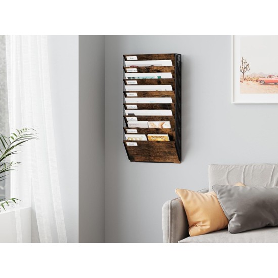 EasyPAG Wall Mounted Organizer, Rustic Brown Wood Finish, Black Metal Frame, 8 Pockets, Perfect for Files, Magazines and Home Office.