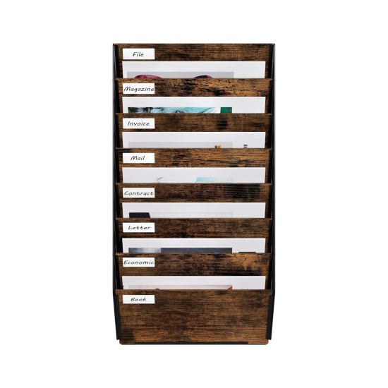 EasyPAG Wall Mounted Organizer, Rustic Brown Wood Finish, Black Metal Frame, 8 Pockets, Perfect for Files, Magazines and Home Office.