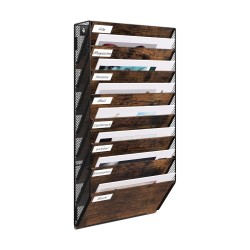 EasyPAG Wall Mounted Organizer, Rustic Brown Wood Finish, Black Metal Frame, 8 Pockets, Perfect for Files, Magazines and Home Office.