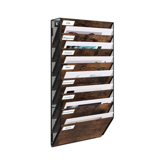 EasyPAG Wall Mounted Organizer, Rustic Brown Wood Finish, Black Metal Frame, 8 Pockets, Perfect for Files, Magazines and Home Office.
